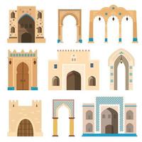 puertas islámicas y arcos decorados con mosaicos, farolillos, columnas. elementos de la arquitectura antigua. ilustración vectorial plana aislada en blanco.