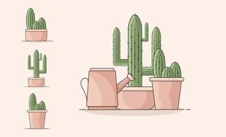 Cactus plants set with watering can flat illustration vector