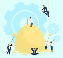 Vector illustration of team work process. People in business suits collecting hay to one big  haystack. Team building activity. Roles separation concept.