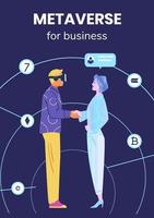 Business partners meeting in metaverse vector poster. Man in VR headset shaking hand with hollogramic woman. Modern technologies in business concept.