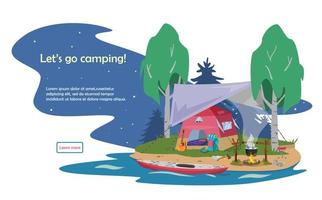 banner web en estilo de dibujos animados planos que invita a acampar, hacer senderismo, kayak, recreación activa, viajar. campamento de verano nocturno con carpa bajo toldo, fogata en la costa del río. vector