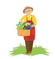 Vector illustration of old lady holding bascket with vegetables. Gardener bringing harvest. Grandmother offering healthy food.