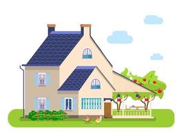 ilustración vectorial de la escena del campo. casa de campo con terraza, gallinas picoteando, huerto de manzanos, rosal. casa provenzal. vector