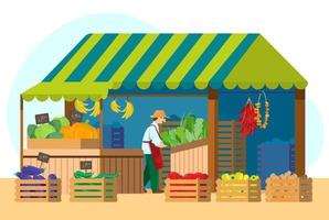 Vector illustration of green grocery market with seller. Street stall with fruits and vegetables.