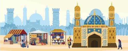Vector illustration of muslim city with mosque, street shops, people. Ancient architecture at the background, castles, houses, gates, towers. Authentic goods for sale. Carpets, sweets, ceramics. Flat.