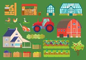 Farm life vector set. Greenhouse, barn, countryhouse, firewood, boxes with vegetables, chicken, tractor, seedbeds etc. Flat style.