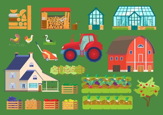 Farm life vector set. Greenhouse, barn, countryhouse, firewood, boxes with vegetables, chicken, tractor, seedbeds etc. Flat style.