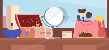 Dressing Table With Cosmetic Bag, Mirror, Jewelry, Makeup Brushes, Perfume Flat Vector Illustration. Women's Beauty Accessories.