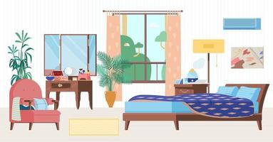 Ilustración de vector plano interior de dormitorio acogedor. muebles de madera, cama, sillón, tocador, ventana, mesita de noche con humidificador, reloj, plantas.
