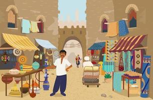 Vector illustration of Indian street bazaar with people and shops. Ceramics, carpets and fabrics, spices, jewelry. Asian street market with authentic goods.
