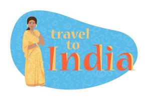 Vector banner welcoming to India. Indian woman in traditional dress welcomes to India.