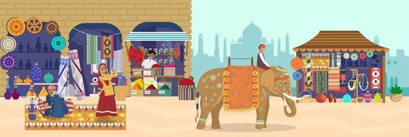 Vector illustration of Asian market with different stores and people. Elephant rider, Taj Mahal silhouette souvenir shop, pottery, carpets, fabrics, spices, dancing woman, man smoking hookah.