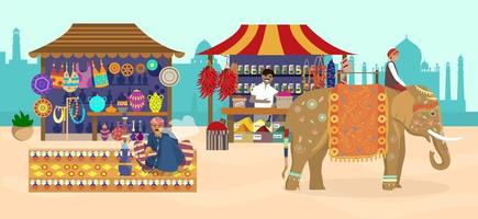 Vector illustration of Asian market with different stores and people. Elephant with rider, Taj Mahal silhouette, souvenir shop, pottery, carpets, fabrics, spices, man smoking hookah.