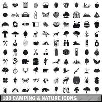 100 iconos de camping y naturaleza ambientados en un estilo sencillo vector