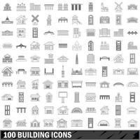 100 building icons set, outline style vector