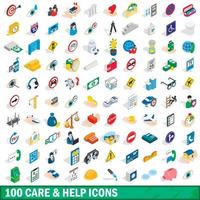 100 care and help icons set, isometric 3d style vector