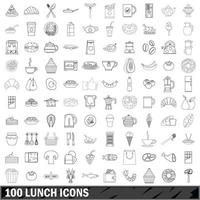 100 lunch icons set, outline style vector