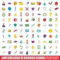 100 college and school icons set, cartoon style vector