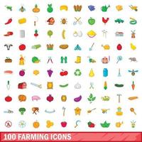 100 iconos agrícolas, estilo de dibujos animados vector