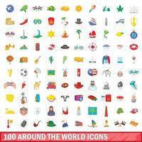 100 alrededor del mundo, conjunto de iconos de estilo de dibujos animados vector