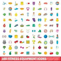 100 fitness equipment icons set, cartoon style vector