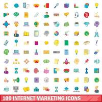 100 internet marketing icons set, cartoon style