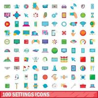 100 settings icons set, cartoon style