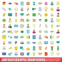 100 successful team icons set, cartoon style vector