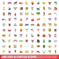 100 zoo and circus icons set, cartoon style vector