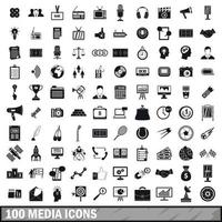 100 media icons set in simple style vector