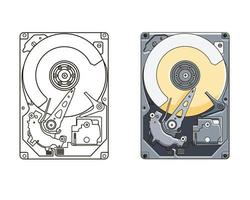 Vector illustration of hard drive disk. Line art. Cartoon.
