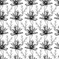 Black and white seamless botanical pattern. Hand drawn floral illustration. vector