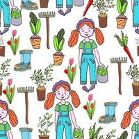 Gardening seamless pattern with garden elements rake, shovel, seedlings, watering can, rubber boots, onions, carrots, beets garden gloves and flowers. Harvest time