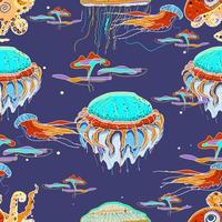 Bioluminescence deep underwater sea animals.Vector semless pattern.  Jellyfish, octopus.