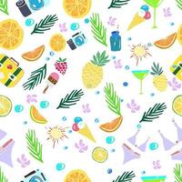 Cute summer vacation seamless pattern. Fresh fruits, pineapples, oranges, citrus, sunshine, camera, palm leaves, ice cream, swimsuit, suitcase. Colorful bright vector illustration.