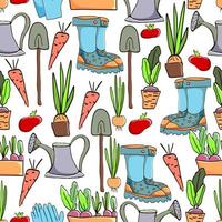 Gardening seamless pattern with garden elements, shovel, seedlings, watering can, rubber boots, onions, carrots and flowers. vector