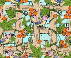 Pattern with rural motives, country house entwined with grapes and songbirds on the branches. Vector illustration.