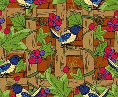 Pattern with rural motives, country house entwined with grapes and songbirds on the branches. Vector illustration.