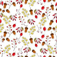 Colorful bright autumn background with maples, oaks, chestnut trees and elms leaves, red berries and acorns. Hand drawn vector seamless pattern.