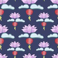 Mid autumn festival background with rabbits, moon cake, lotus, clouds and chinese lanterns. Vector seamless pattern.