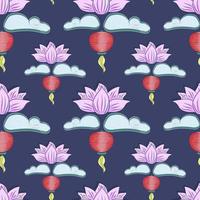 Mid autumn festival background with rabbits, moon cake, lotus, clouds and chinese lanterns. Vector seamless pattern.