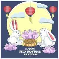 Mid autumn festival greeting card with rabbits, moon cake and chinese lanterns. Text Happy Mid Autumn Festival. vector