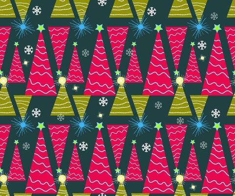 Christmas seamless pattern. Cute vector festive background woth vintage Christmas decorations, stilyzed Christmas tree, illuminations for your holiday winter decoration.