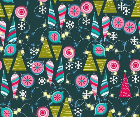 Christmas seamless pattern. Cute vector festive background woth vintage Christmas decorations, stilyzed Christmas tree, illuminations for your holiday winter decoration.