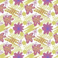 Vector seamless pattern. Abstract colorful doodle flat shapes, strokes, spots, lines, stripes, flowers.