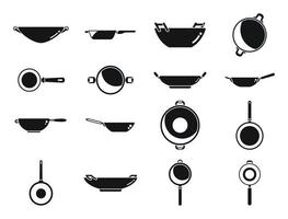 los iconos de la sartén wok establecen un vector simple. herramientas de carne