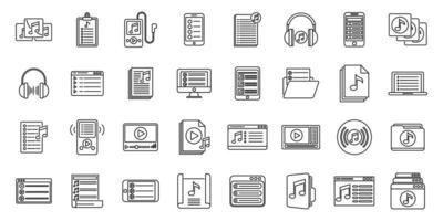 Listening playlist icons set outline vector. Music group