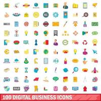 100 digital business icons set, cartoon style vector