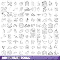 100 summer icons set, outline style vector