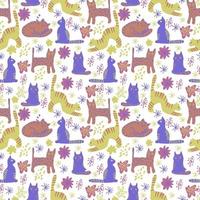 Vector seamless pattern. Cute cats and abstract colorful doodle flat shapes, strokes, spots, lines, stripes, flowers.